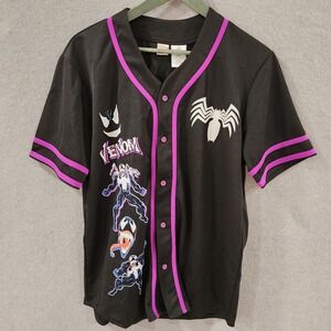 Marvel Venom Baseball Jersey Mens Large Black Purple Graphic Button Up Mesh
